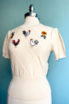 Cream Embroidered Chicken Short Sleeve Sweater