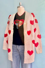 Button Front Ivory and Red Heart Open Cardigan