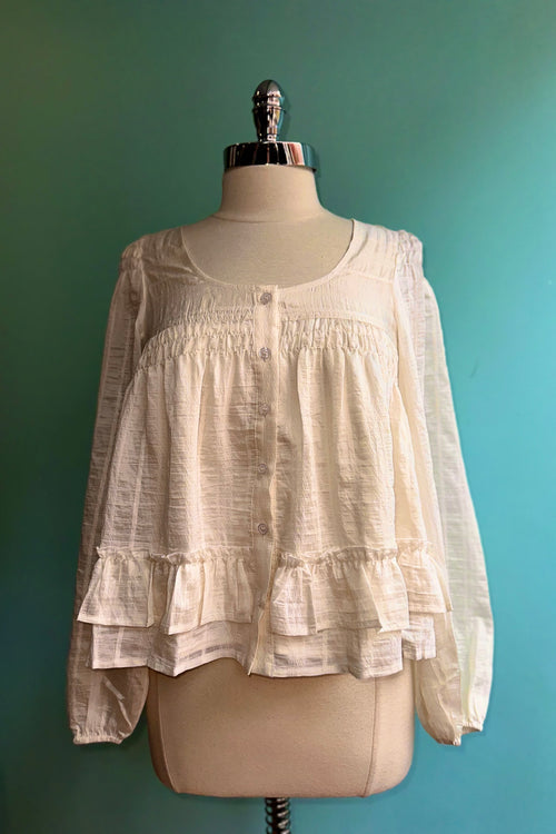Ruffle Hem Peasant Blouse in Ecru