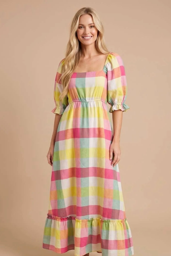 Sunshine Gingham Puff Sleeve Maxi Dress Small