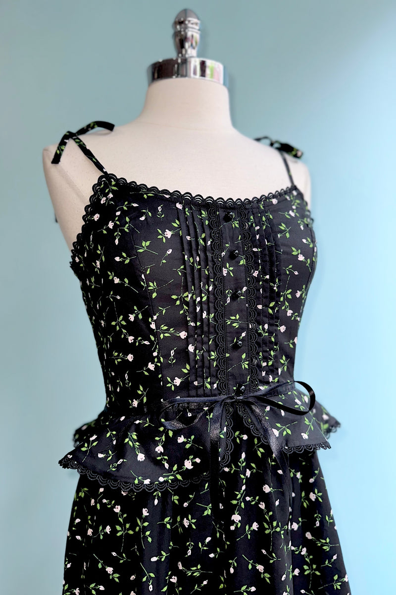 Black Ditsy Floral Tie-Shoulder Maxi Dress