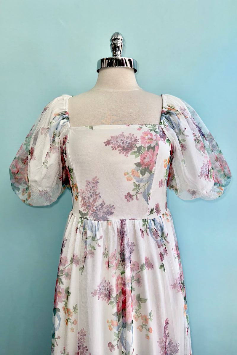 Floral Tulle Smocked Midi Dress