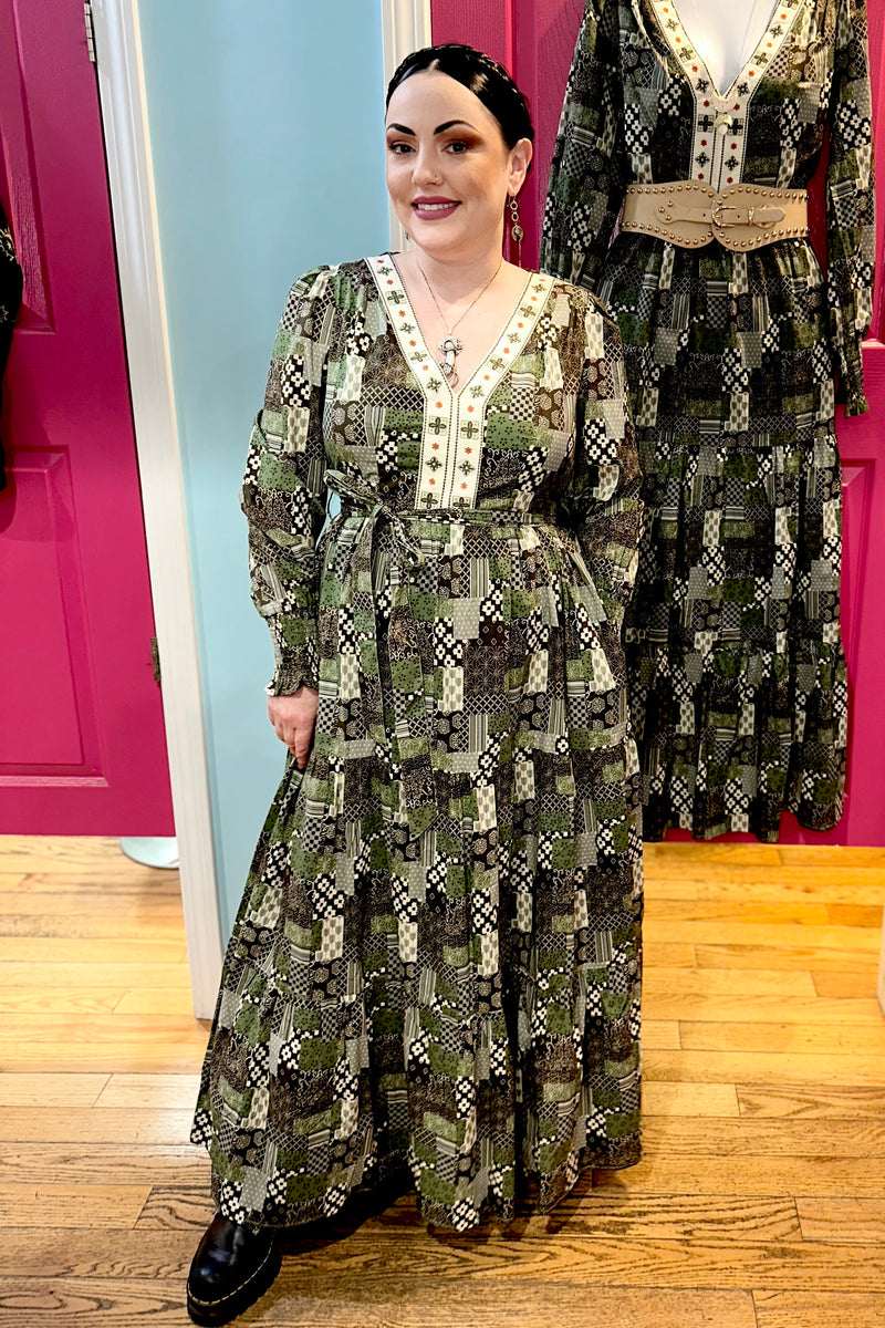 Patchwork Long Sleeve Maxi Dress