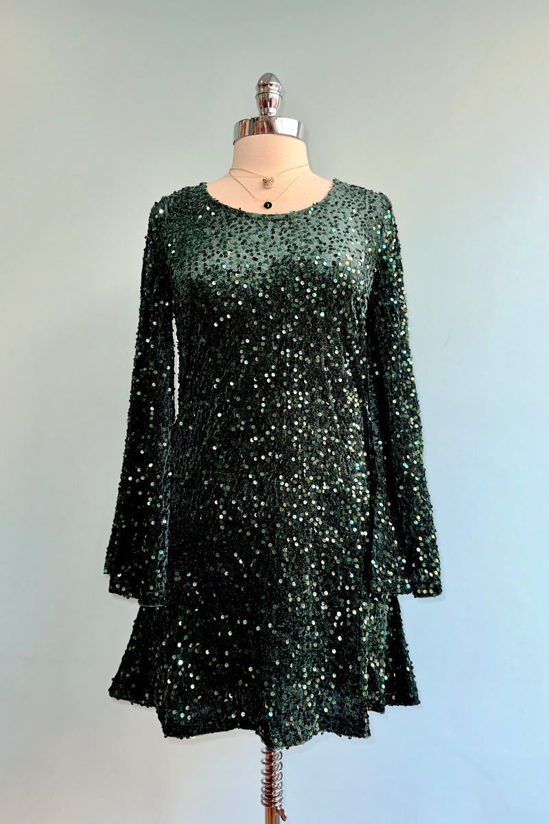 Green Sequin Bell Sleeve Mini Dress