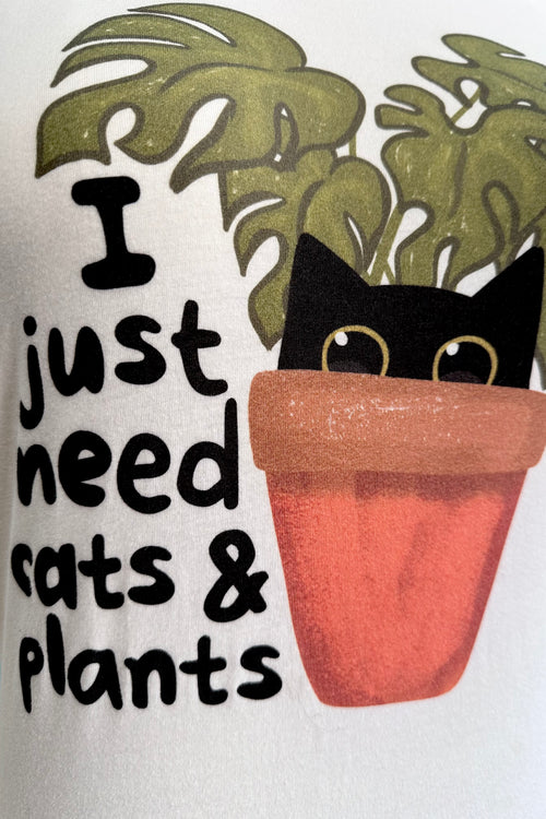 I Just Need Cats and Plants Ringer T-Shirt in Off-White