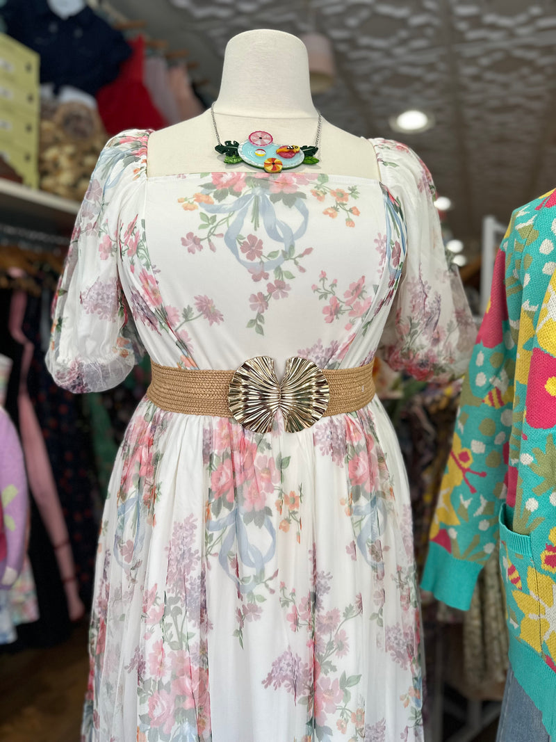 Floral Tulle Smocked Midi Dress