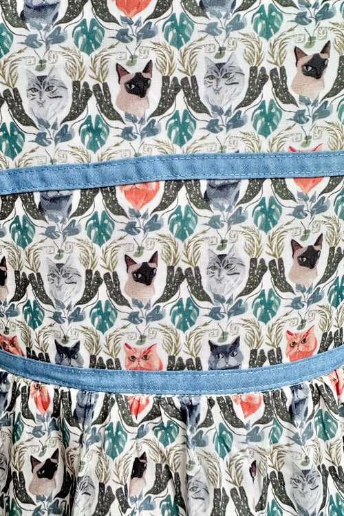 Cat Faces Tie Shoulder Smocked Midi Dress