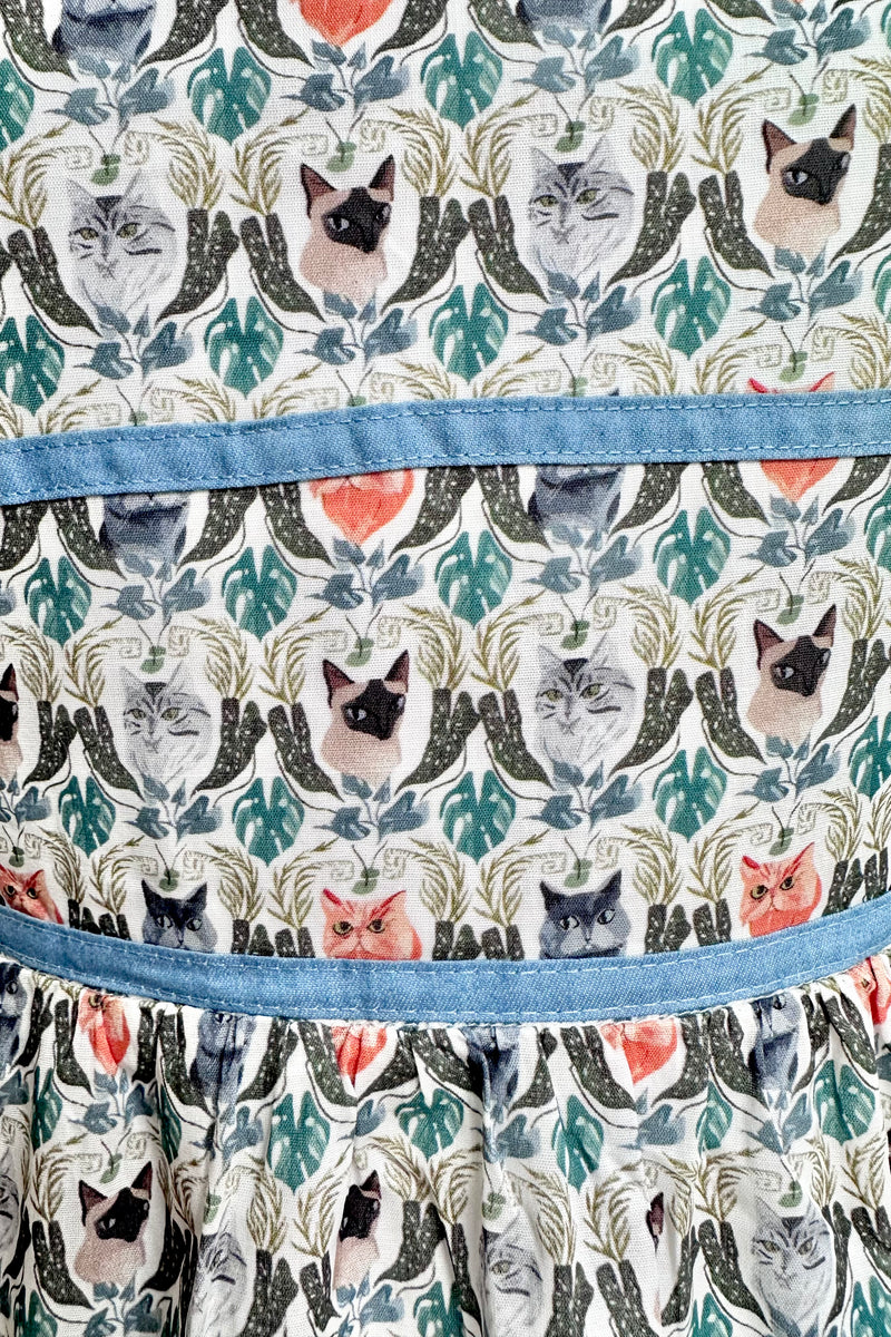 Cat Faces Tie Shoulder Smocked Midi Dress