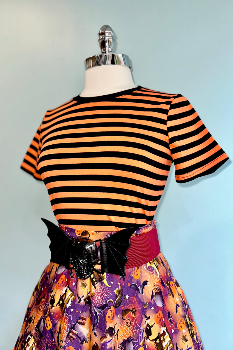Black and Orange Striped Short Sleeve T-Shirt Top