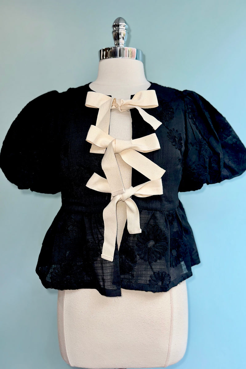 Bow Tie Floral Puff Sleeve Top in Black