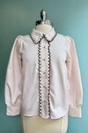Scalloped Trim Pinstripe Button Down Blouse