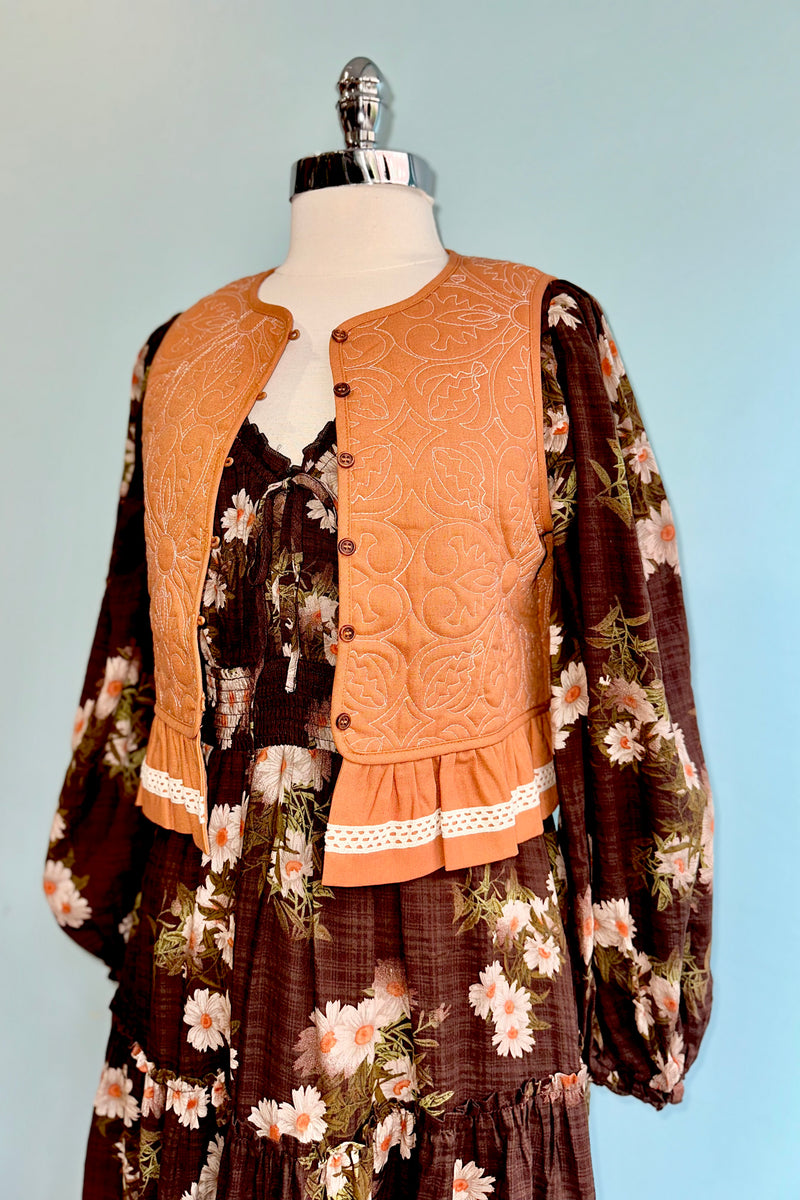 Brown Floral Long Sleeve Midi Dress 2X-Large Brown Floral Long Sleeve Midi Dress 2X-Large