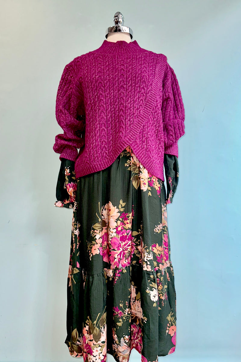 Emerald and Magenta Long Sleeve Midi Dress