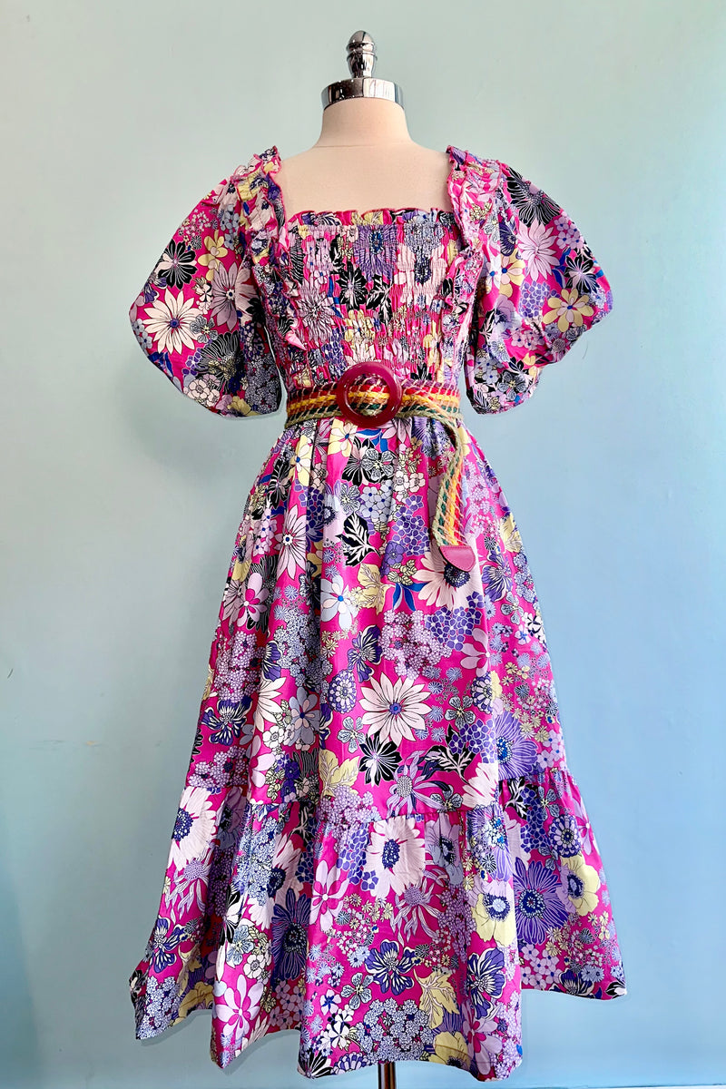 Pink and Purple Floral Puff Sleeve Ruffle Trim Midi Dress