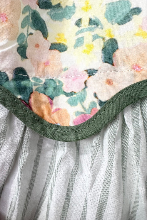 Green Mixed Print Scalloped Trim Midi Dress