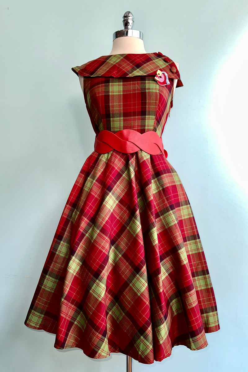 Red and Green Plaid Oversized Collar Dress by Voodoo Vixen