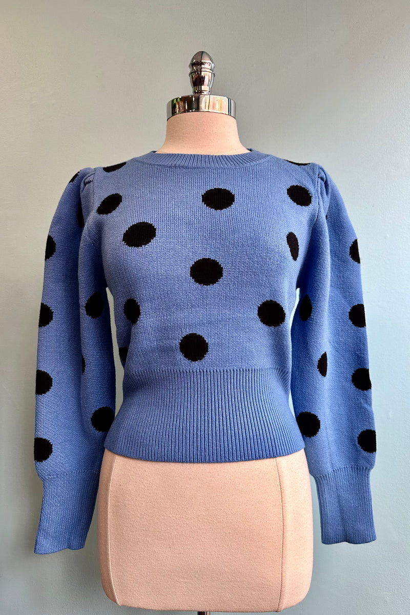 Black and Blue Polka-Dot Puff Sleeve Sweater by Compania Fantastica