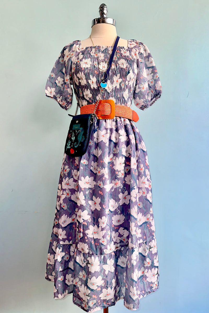 Lavender Floral Bubble Sleeve Midi Dress