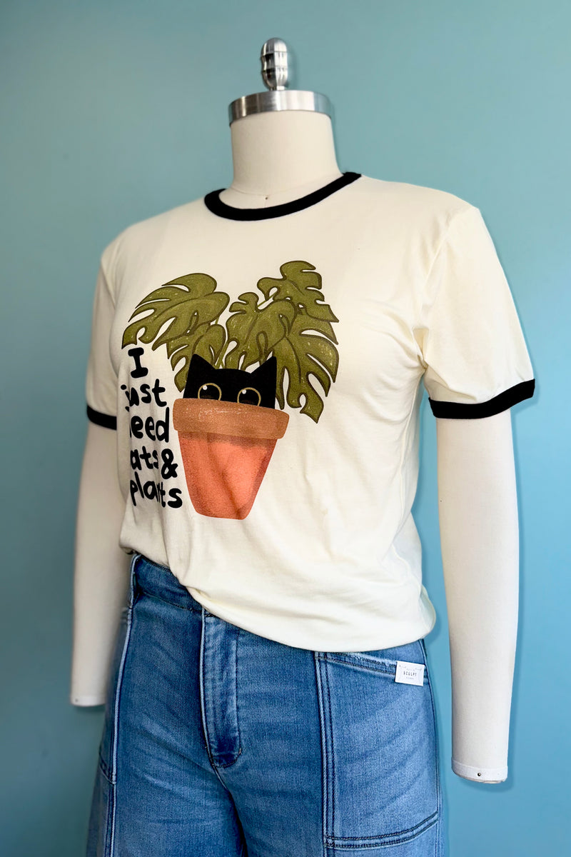 I Just Need Cats and Plants Ringer T-Shirt in Off-White