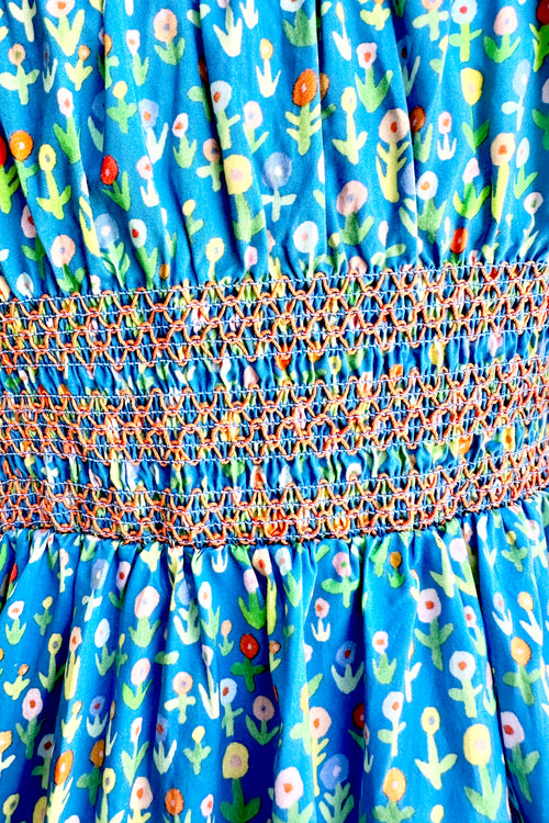 Turquoise Floral Smocked Waist Swing Dress