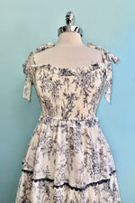 Charcoal and White Toile Smocked Midi Dress
