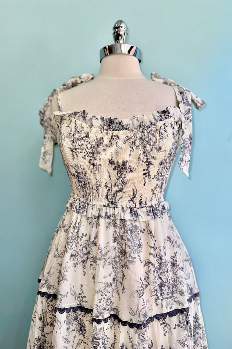 Charcoal and White Toile Smocked Midi Dress