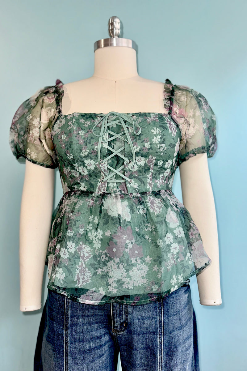 Green Floral Lace-Up Puff Sleeve Top