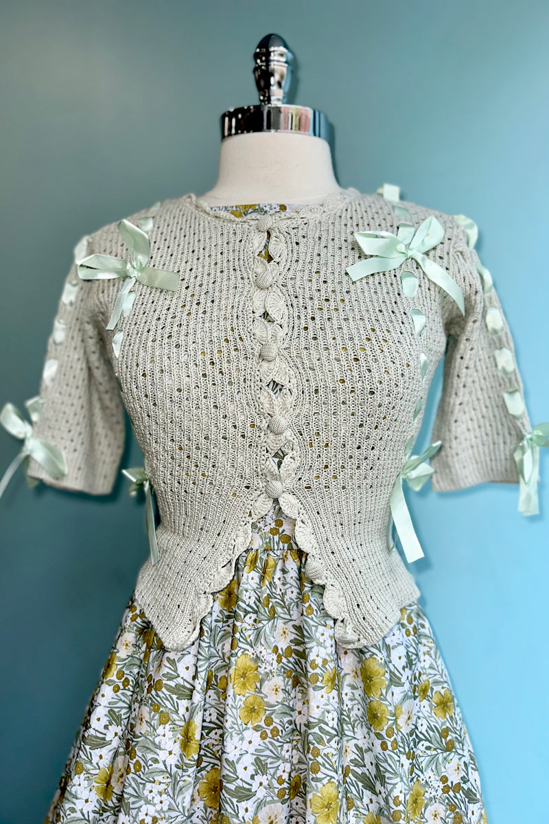 Mint Puff Sleeve Cardigan with Satin Bows