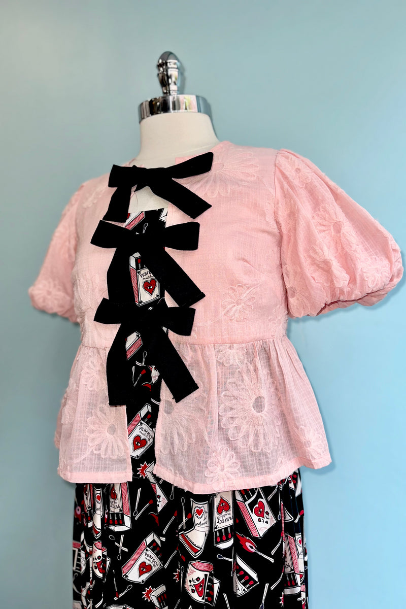 Bow Tie Floral Puff Sleeve Top in Pink