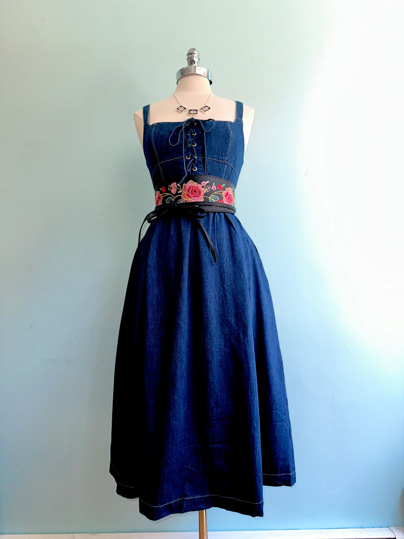 Lace Up Sleeveless Denim Midi Dress
