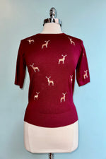 Burgundy Embroidered Deer Short Sleeve Sweater by Banned