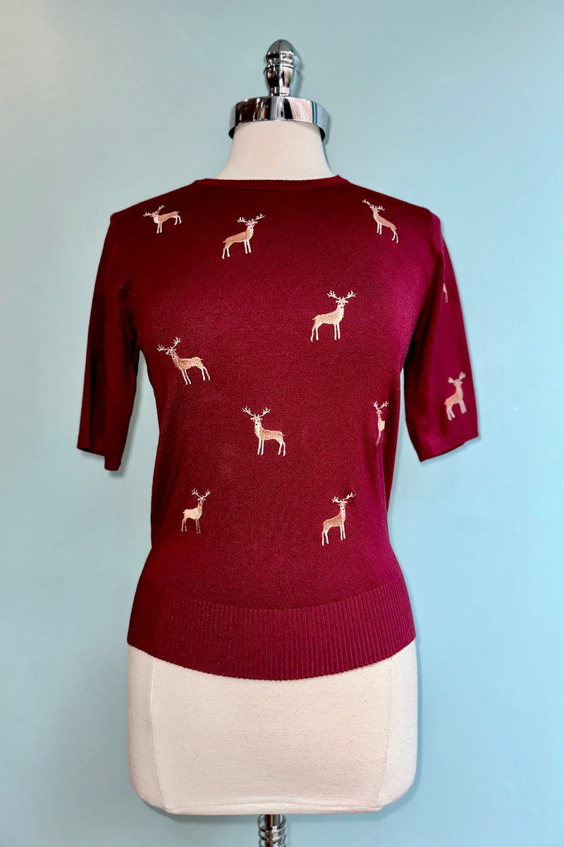 Burgundy Embroidered Deer Short Sleeve Sweater by Banned