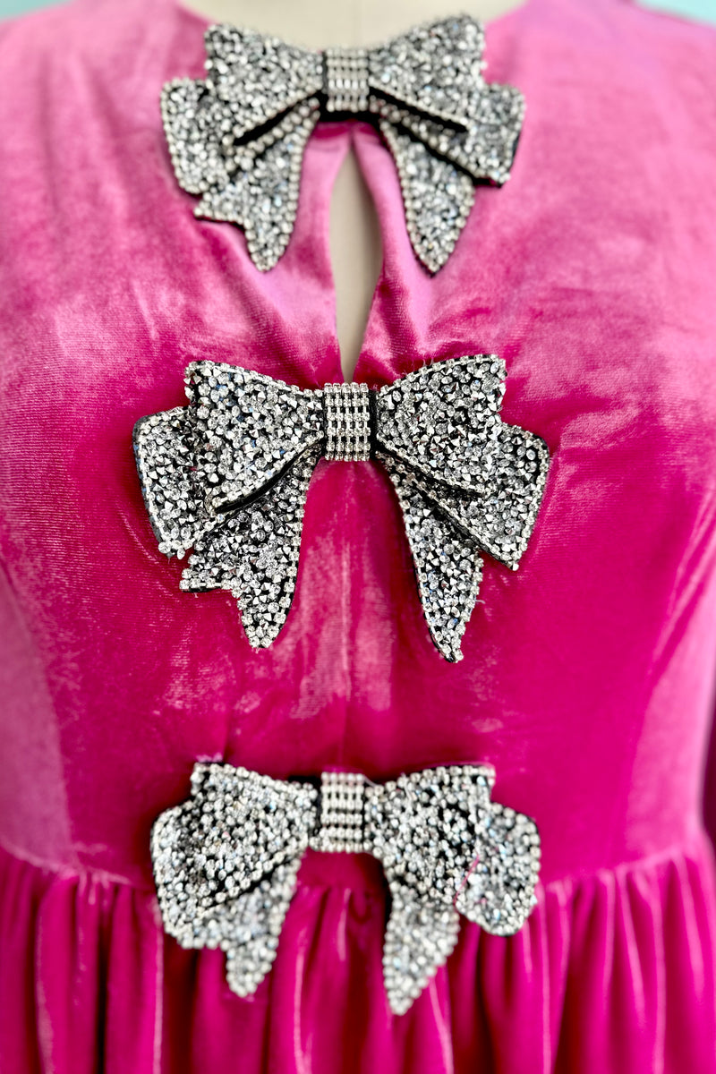 Pink Velvet Rhinestone Bow Mini Dress Modern Millie Pink Velvet Rhinestone Bow Mini Dress Modern Millie