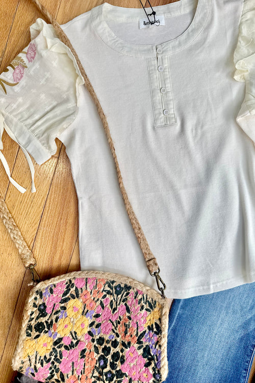 Embroidered Sleeve Top in Cream