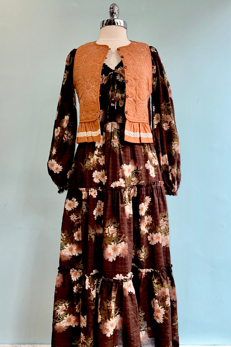 Brown Floral Long Sleeve Midi Dress