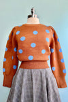 Brown and Blue Polka-Dot Puff Sleeve Sweater by Compania Fantastica