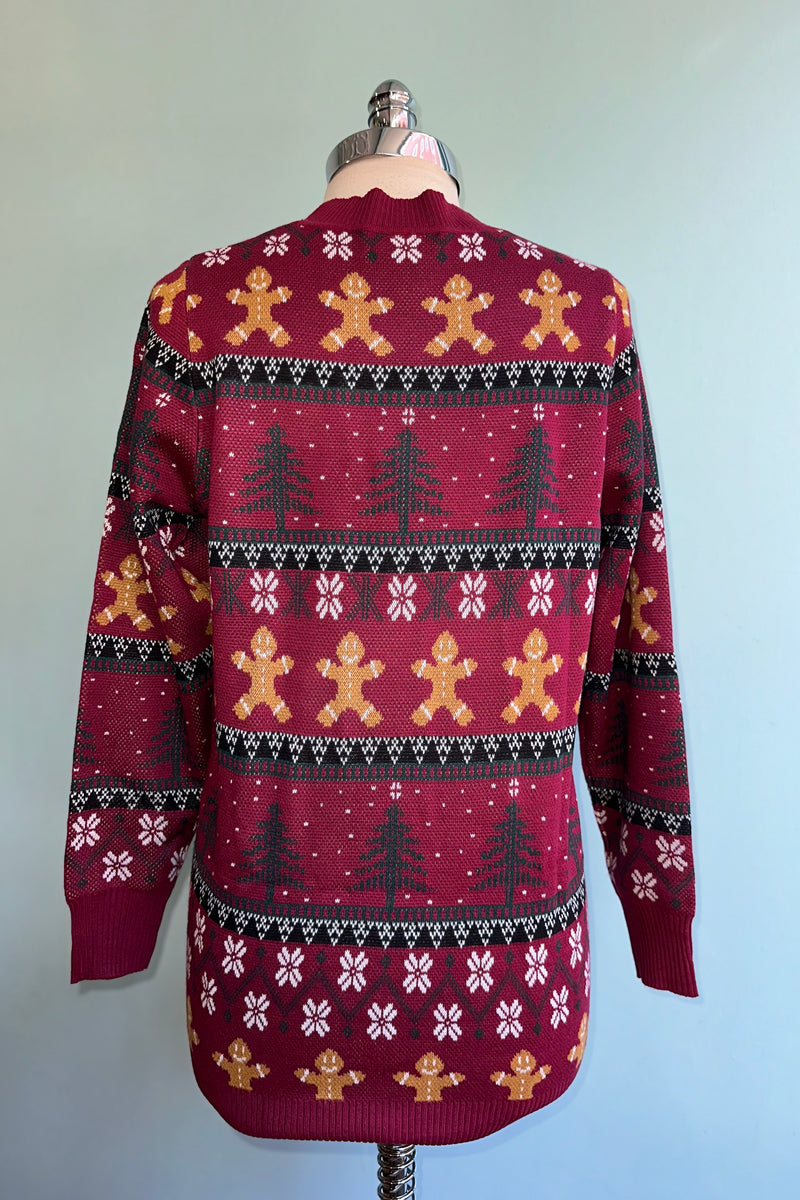 Burgundy Holiday Fair Isle Long Cardigan Sweater