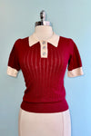 Burgundy Short Sleeve Pointelle Sweater with Rhinestone Buttons