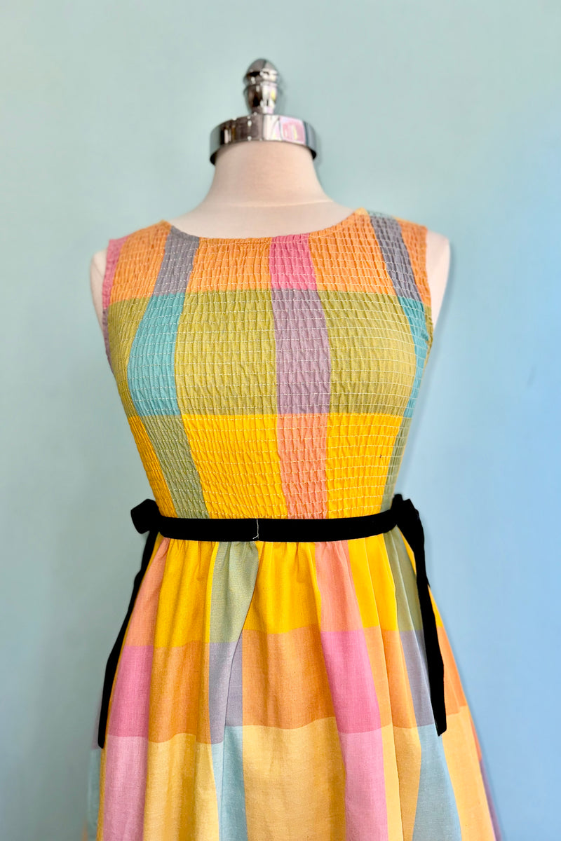 Check Plaid Smocked Bodice Midi Dress