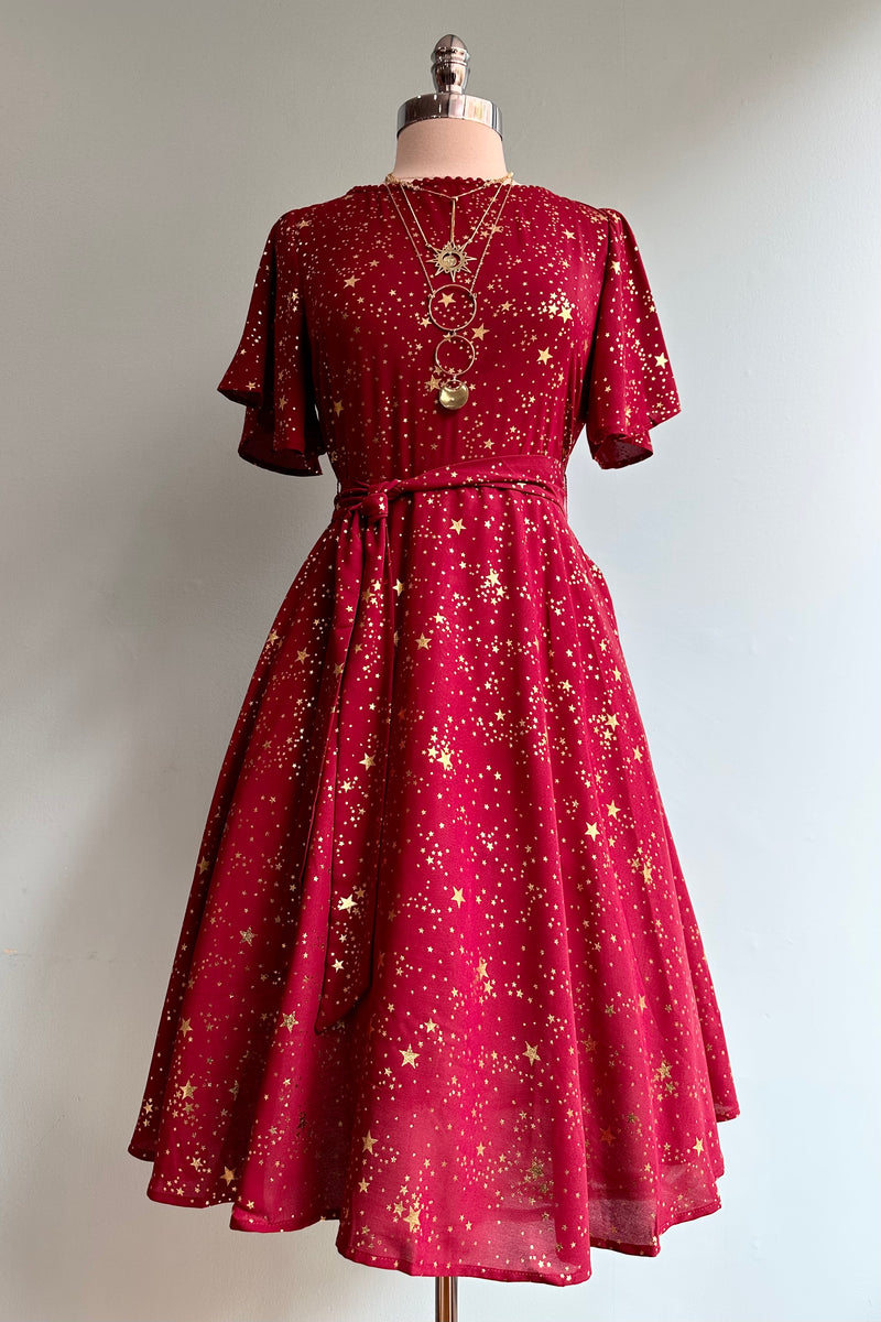 Red and Gold Star Flutter Sleeve Dress