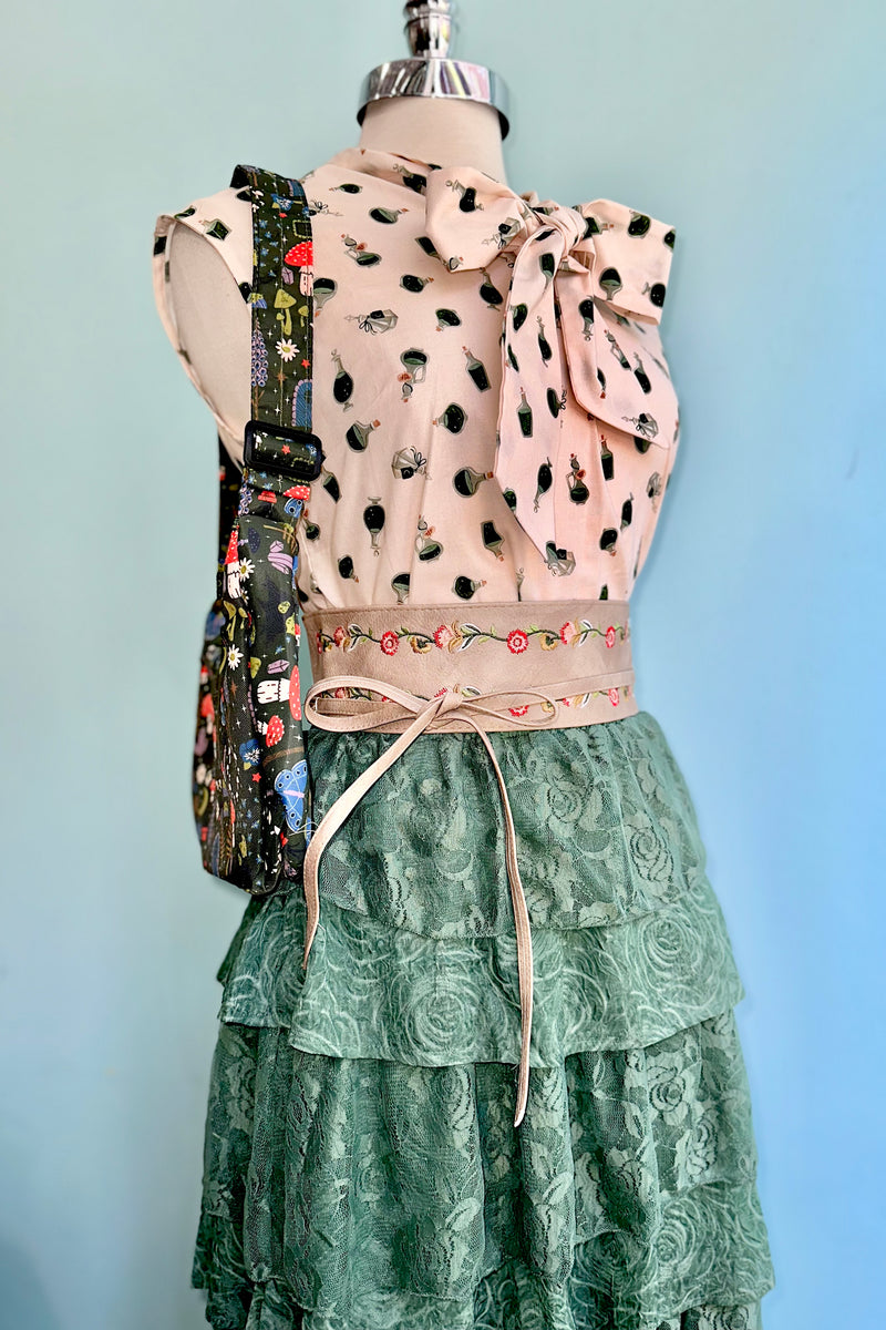 Eucalyptus Tiered Lace and Rose Jacquard Mesh Midi Skirt