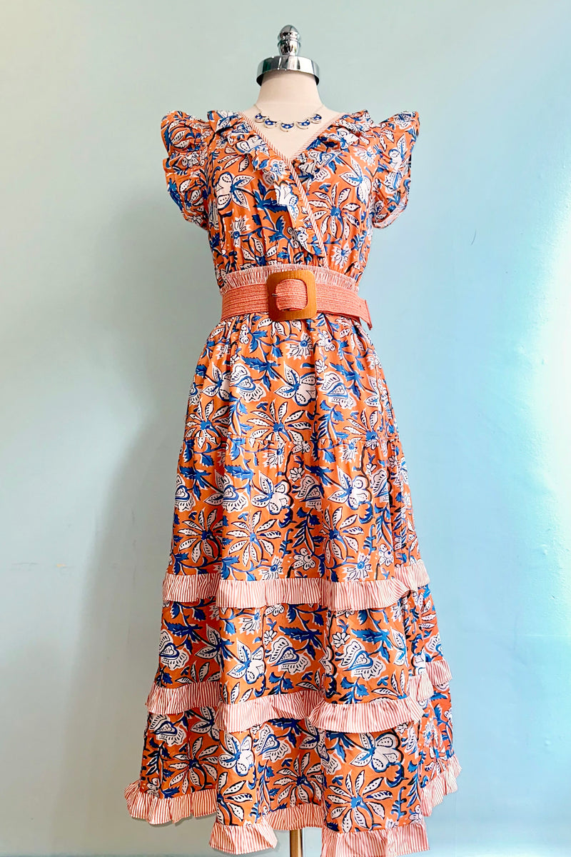 Orange and Blue Floral Ruffle Sleeve Midi Dress
