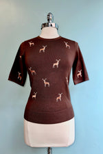 Brown Embroidered Deer Short Sleeve Sweater by Banned