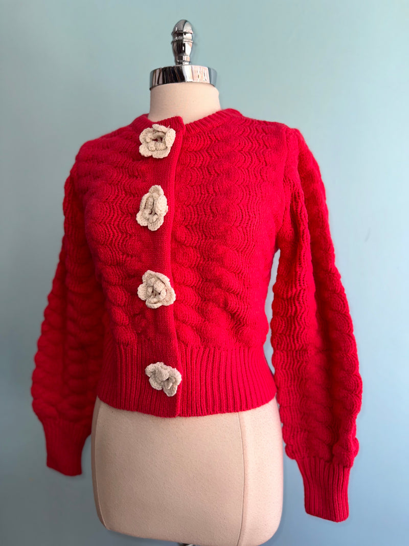 Red Knit Cardigan with Rosette Detail