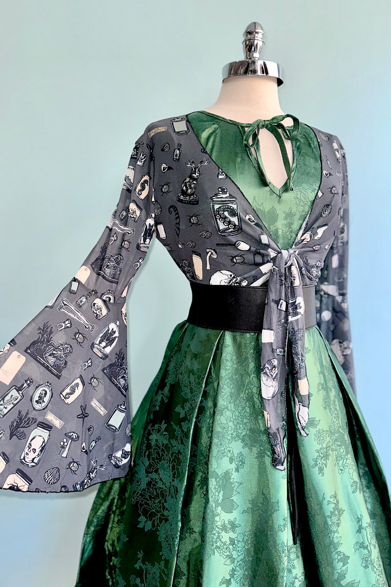 Emerald Brocade Tulip Sleeve Dress