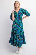 Emerald and Navy Balloon Sleeve Wrap Dress