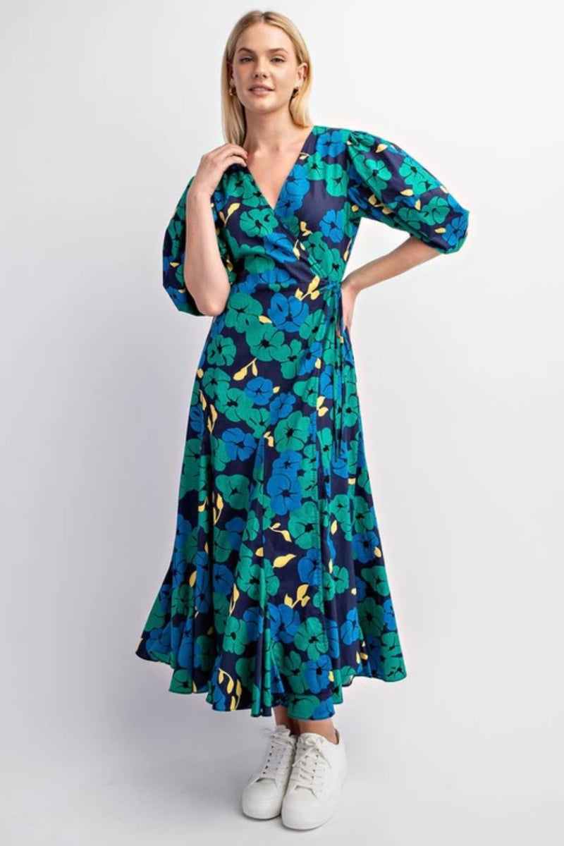 Emerald and Navy Balloon Sleeve Wrap Dress