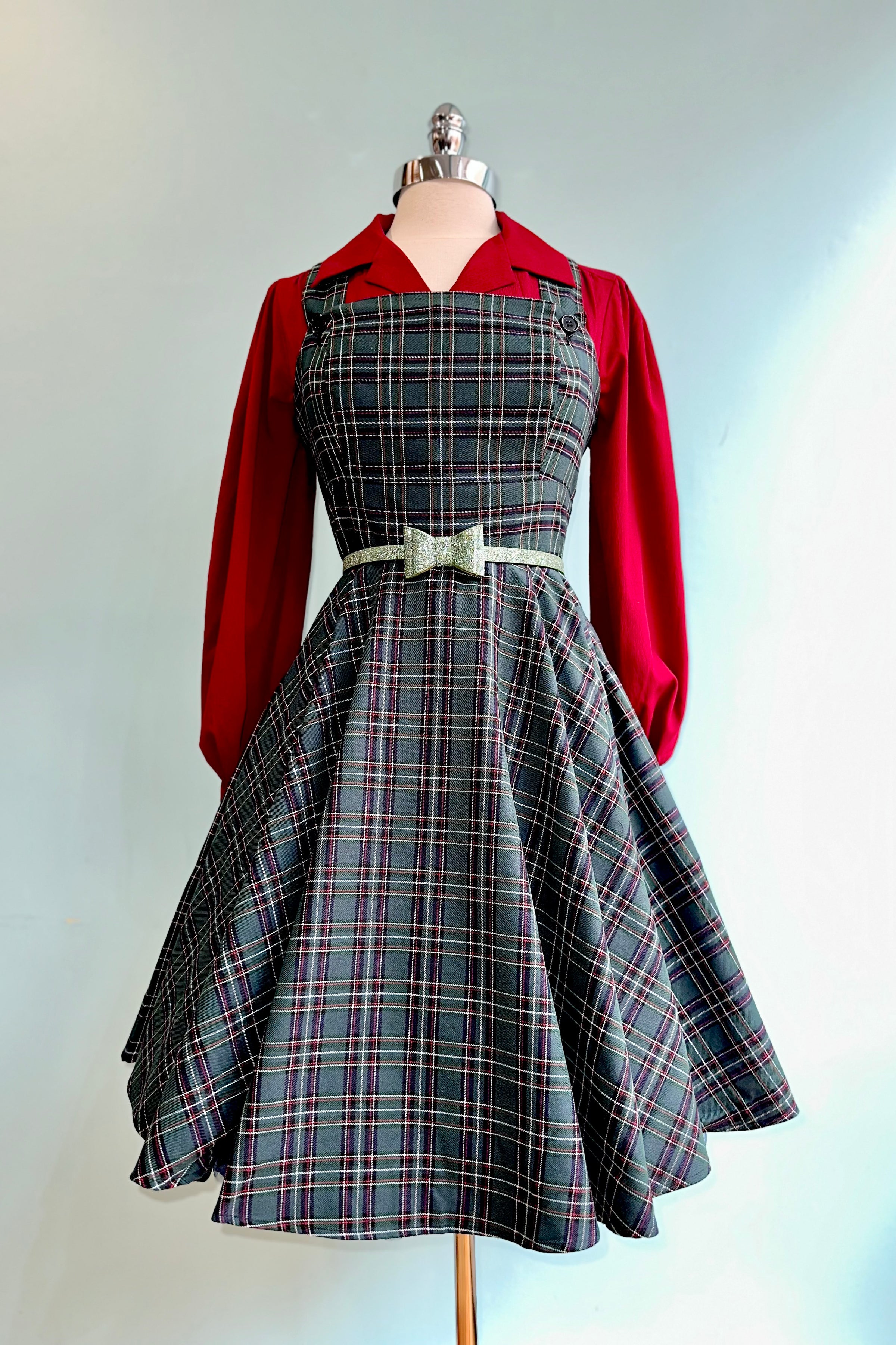 Green Plaid Peebles Pinafore Dress by Hell Bunny Modern Millie Green Plaid Peebles Pinafore Dress by Hell Bunny Modern Millie