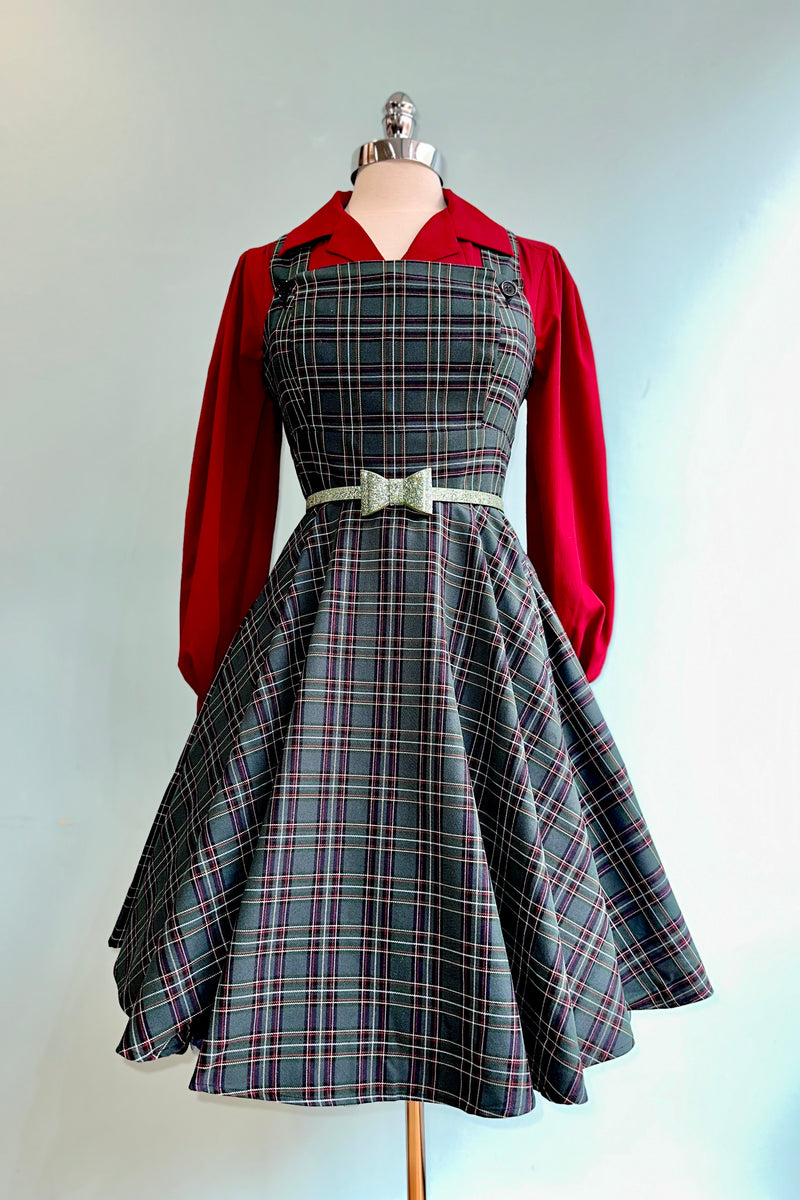 green emerald velvet dress Green Tartan Pinafore main image 1