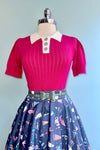 Hot Pink Short Sleeve Pointelle Sweater with Rhinestone Buttons